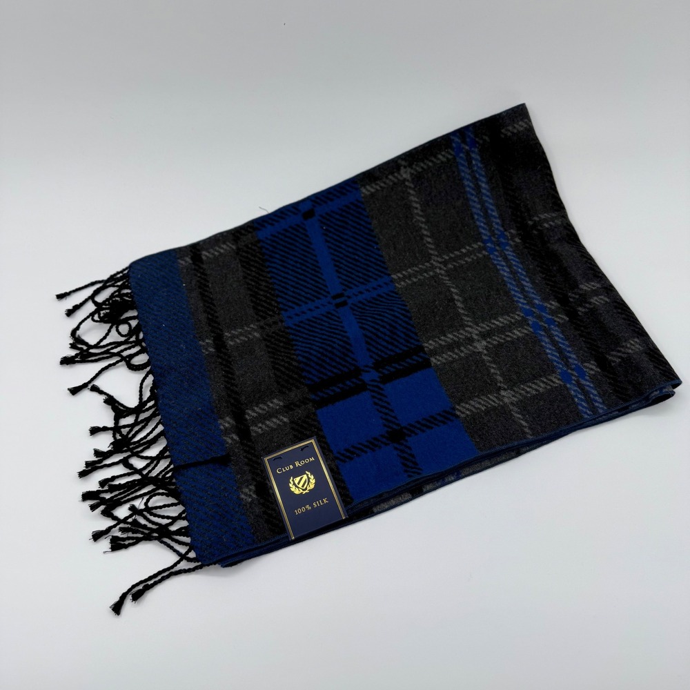 Club Room Mens 100% Silk Plaid Scarf Blue Grey Black Fringe 4103NVY469‎ NWT